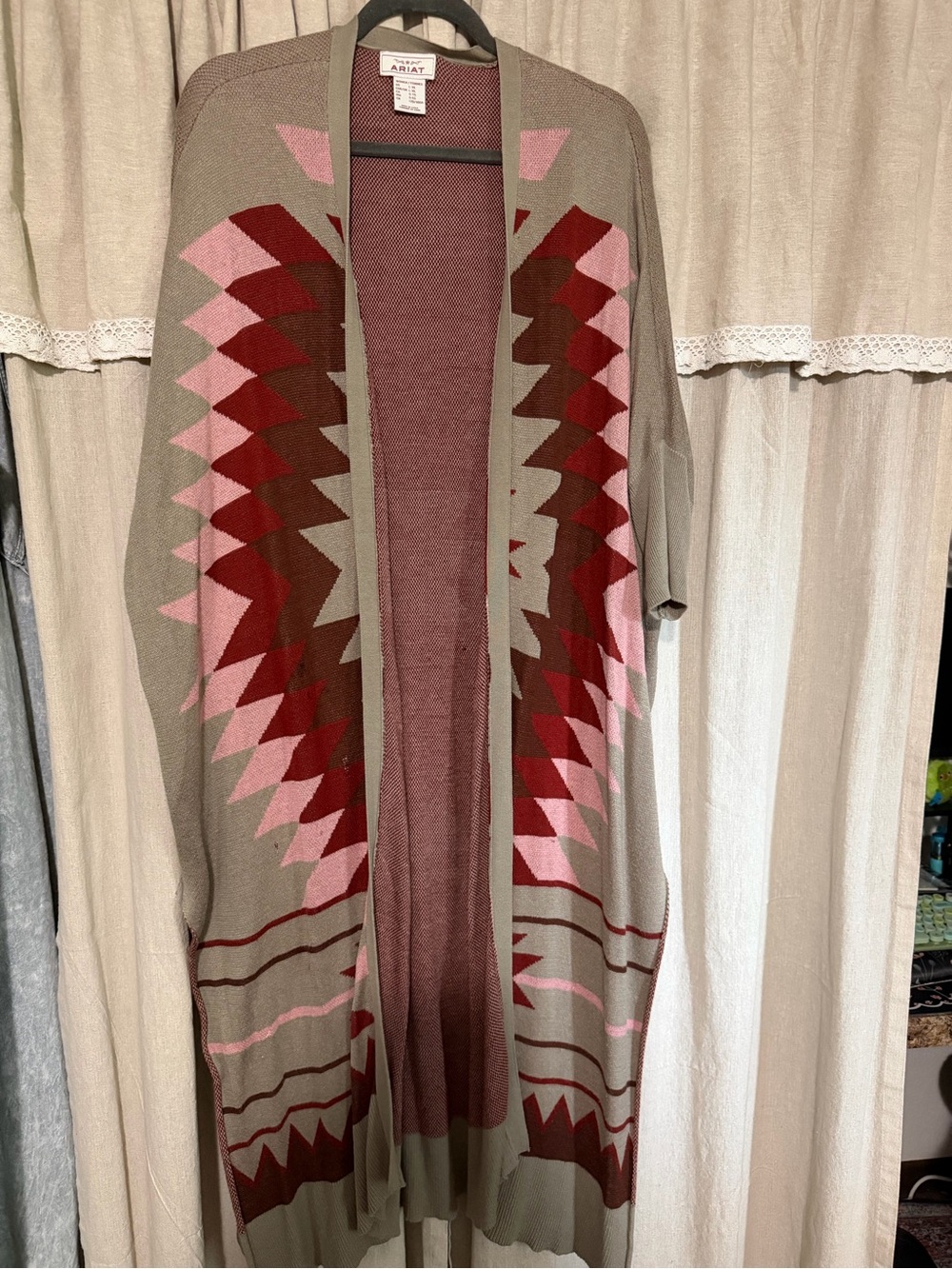 Ariat Taupe Open-Front Cardigan with Pink & Red Western aztec print duster.
